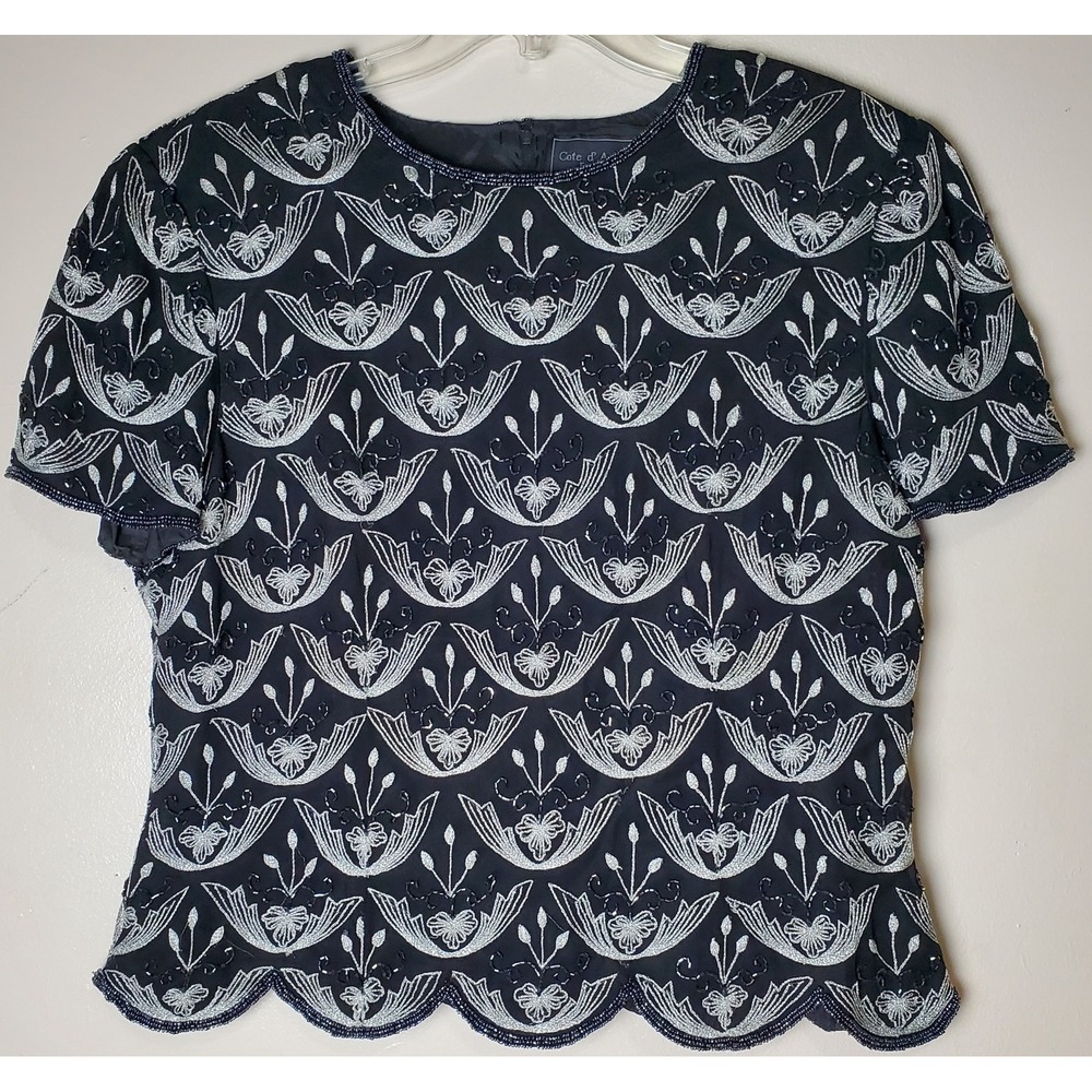 Vintage Cote D Azur XL Black Beaded Floral Silk Scallop Hem Metallic Maximalist